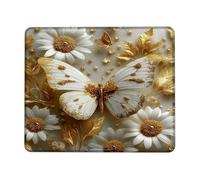 Elegant Golden Butterfly Floral Mouse Pad, White Gold Flowers Detailed Design, Stitched Edge Mat for Home and Office Computer, Laptop, Winter Decor, Non-Slip Gaming Mousepad Square 8x10 Inch