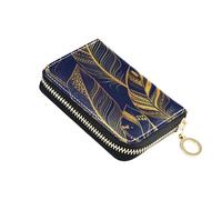 Elegant Golden Feathers Navy Blue Wallet for Women Small Credit Card Wallets RFID Blocking Waterproof Zipper Wallet with Coin Pouch