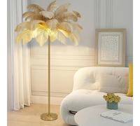 Elegant Golden Lamp with Luxurious Ostrich Feather Shade Dimmable 3 Color LED Light Perfect for Bedroom and Living Room Decor Stylish Home Accent.