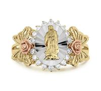 Elegant Golden-Tone Virgin Mary Butterfly Rose Flowers Design Ring for Women -Copper Jewelry with Synthetic White Cubic Zirconia Accents, Holiday & Everyday Party Jewelry for Thanksgiving