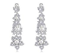 Elegant Gorgeous Crystal Pearl Flower Dangle Long Earrings Elegant Wedding Party Bar Statement Dress Jewelry Accessories For Women Girl Colour Name:Silver
