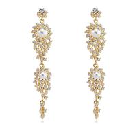 Elegant Gorgeous Full Crystal Pearl Flower Dangle Long Earrings Elegant Wedding Party Bar Statement Dress Jewelry Accessories For Women Girl Colour Name:Silver