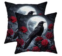 Elegant Gothic Raven and Rose Pillow Covers Set of 2, Dark Romantic Floral Throw Pillow Cases, Mystical Art Decorative Square Decor Cushion Covers for Living Room Porch Bed Couch 30x30 Inch