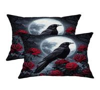 Elegant Gothic Raven and Rose Pillow Covers Set of 2, Dark Romantic Floral Throw Pillow Cases, Mystical Art Decorative Square Decor Cushion Covers for Living Room Porch Bed Couch 14x24 Inch
