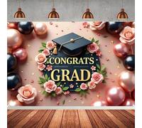 elegant graduation banner Congratulations graduates Indoor outdoor celebration with a backdrop of hats and rose patterns party background
