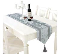 Elegant Gray Table Runner, Silver Sequin Rhinestone, Ombre Velvet, 13"X84" | Dual Bling Diamante Stripes, Double-Layer, Gold-Accent Braided Tassels, Modern Style for Dining Room Dresser Coffee Table