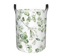 Elegant Green Eucalyptus Leaves Laundry Basket Waterproof Fabric Foldable Laundry Hamper Round Portable Durable Dirty Clothes Storage Basket with Handles for Bedroom Bathroom Dorm Living Room Nursery