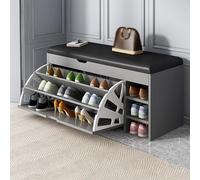 Elegant Grey Shoe Storage Bench with Cushioned Seat Wooden Shoe Cabinet with Doors Stylish Independent Shoe Rack with Flip Drawer for Hallway nization