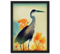 Elegant Heron Bird Portrait In An Autumn Forest Landscape Artwork Framed Wall Art Print A4 Artery8 Black One Size