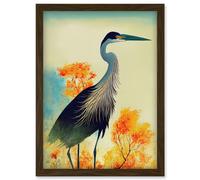 Elegant Heron Bird Portrait In An Autumn Forest Landscape Artwork Framed Wall Art Print A4 Artery8 Brown One Size