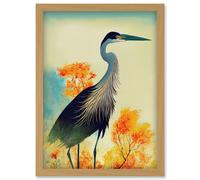 Elegant Heron Bird Portrait In An Autumn Forest Landscape Artwork Framed Wall Art Print A4 Artery8 Light Oak One Size
