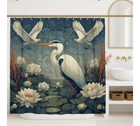 Elegant Heron Shower Curtain, Blue White Bird Water Lily Bathroom Decor, Spring Summer Modern Art Waterproof Fabric Shower Curtain with Hooks 72x72 Inch