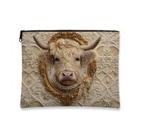 Elegant Highland Cow Makeup Bag, Gold Baroque Vintage Cosmetic Travel Pouch for Women, Portable Small Canvas Organizer Zipper Case, Autumn Party Skincare Toiletry Bag, gold, 7x9 Inch, Highland Cow