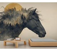 Elegant Horse Mural Sunset Forest Horse Mural Wallpaper for Living Room Golden Moon Wall Murals Forest Animal Wall Decal for Bedroom Not Peel and Stick 430 x 300 cm
