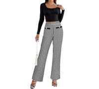 Elegant Houndstooth Pattern Pants for Women High Waist Flared Leg Wide Leg Coated Trousers Women, black, S