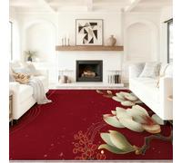 Elegant Illustration Washable Short Pile Rugs, Non Slip Easy Care Burgundy White Leaf Magnolia Line Carpet, for Bedroom Dining Room Kitchen and Living Room, 80 x 150 cm