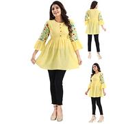 Elegant Indian Kurti for Women - Versatile Ethnic Tunic for All Occasion BD448 Indians Embroridery 32 inches APX Cotton Blend Yellow Solid Any OcassionCasual (Numeric_14) Yellow