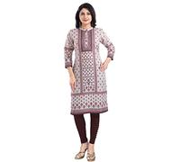 Elegant Indian Kurti for Women - Versatile Ethnic Tunic for All Occasion DKL507 Thread and Sequine Work Cotton Blend Beige Graphic Band Tunic Collared Neck Knee-Length 3/4 Sleeve (Numeric_14) Beige