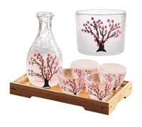 Elegant Japanese Sake Set - Glass Carafe with 4 Sake Cups and Warmer, Cherry Blossom Design, Perfect for Sake, Soju, and Tasting Events