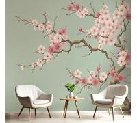 Elegant Japanese Tradition Wall Mural, Tree Branches Plum Blossoms Print Photo Wallpaper, Non-Woven Pink Wall Mural Decoration Poster Picture Design, for Living Room Bedroom TV Backdrop 200 x 140 cm