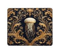 Elegant Jellyfish Decorative Mouse Pad, Navy Blue Gold Art Design Stitched Edge Mousepad, Rubber Non-Slip Washable Gaming Mouse Pad for Home and Office Use Square 8x10 Inch