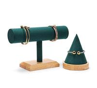 Elegant Jewelry Display Stand 2 Piece Green Velvet Set, T-Bar and Wood Bangle Bracelet Watch Holder for Exhibit/Trade shows/Retail stores Organizer