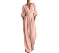 Elegant Jumpsuits for Women Uk Pink Ladies Dungarees Size 16 Elegant Short Sleeve V Neck High Waist Romper Playsuit Linen Casual Wide Leg Jumpsuits Holiday formal Outfits Clothes To Hide Belly Fat
