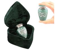 Elegant Keepsake Cremation Urn for Human Ashes - Engraved Silver Metal Mini Urn with Luxury Heart Shaped Velvet Box, Bag & Funnel - Sharing Memorial Urn for Pets & Loved Ones (Green Birds)