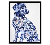 Elegant Labrador Flower Pattern Fur Dog Lover Framed Wall Art Artery8 Blue A4