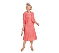 Amber Ladies Elegant Lace Dress & Jacket Set - Sleeveless Fit & Flare Dress with Waterfall Lace Jacket Coral 16