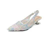 Elegant Lace Kitten Heels for Women - Slingback Pointed Toe Floral Mesh Dress Shoes - Low Heel Formal Wedding Guest Party Sandals, Pink Blue, 6 UK