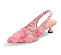 Elegant Lace Kitten Heels for Women - Slingback Pointed Toe Floral Mesh Dress Shoes - Low Heel Formal Wedding Guest Party Sandals, Pink, 4 UK