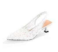 Elegant Lace Kitten Heels for Women - Slingback Pointed Toe Floral Mesh Dress Shoes - Low Heel Formal Wedding Guest Party Sandals, White, 6 UK