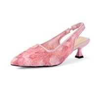 Elegant Lace Kitten Heels for Women - Slingback Pointed Toe Floral Mesh Dress Shoes - Low Heel Formal Wedding Guest Party Sandals, Pink, 9 UK