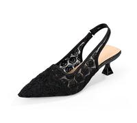 Elegant Lace Kitten Heels for Women - Slingback Pointed Toe Floral Mesh Dress Shoes - Low Heel Formal Wedding Guest Party Sandals, Black Out, 4 UK