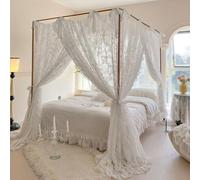 Elegant Lace Princess 4 Corner Post Mosquito Net Romantic for Girls Women Bed Curtain Canopy for Adult Wedding Bedroom Kids Rooms Decoration (Type3-Beige-White, California King)