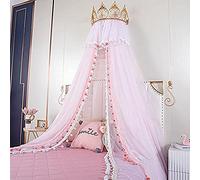 Elegant Lace Princess Crown Bed Canopy with Star String Lights Round Sheer Bed Curtain Mesh Dome Decorative Drapery for Girls Metal Crown Decoration