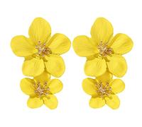 Elegant Large Metal Double Luster Flower Earrings Chic Statement Dangle Drop Flowers Wedding Earrings For Women Girls Teens Anniversary Friendship Clip on Earring And Necklace Set