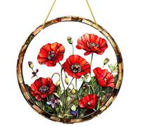 Elegant Large Red Flower Acrylic Window Hangings Sun Catcher, Decorative Stained Glass Window Suncatcher with Hanging Ornament Round Acrylic Plate, Creative Gift Idea for Family Friends (Red Flower-1)