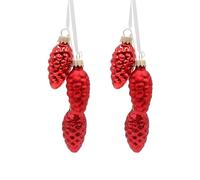 Elegant Lauschaer Christmas Tree Decoration - Cancer Glass Lauscha - Christmas Tree Decorations Glass Cones Set of 2 with 3 Pine Cones in Red with Textile Ribbon 6 cm, Glossy, Matt, Glittery