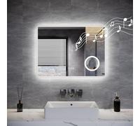 ELEGANT LED Bathroom Mirror with Shaver Socket and 3x Magnifier, Bluetooth Wall Mounted Vanity Mirror with 3 Colour Dimmable Lights, Anti-Fog, Touch Switch & Memory Function, IP44, 800 x 600 mm