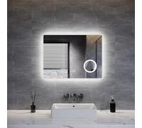 ELEGANT LED Bathroom Mirror with Shaver Socket and Magnifying, 80x60 cm Dimmable 3 Colors Illuminated Backlit Wall Mounted Bathroom Mirrors with Anti-fog, Touch Sensor & Memory Function, IP44