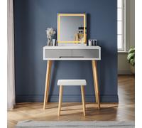 Elegant LED Dressing Table with Mirror and Stool, Touch Control Vanity Desk with Adjustable 3 Colour Lighting, 2 Drawer Makeup Table for Bedroom