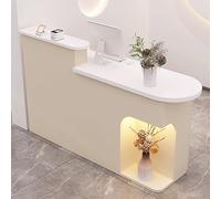 Elegant LED Reception Desk Beige Office Welcome Counter with Drawer & Cabinet Modern 140 x 50 x 105 cm Lobby Furniture for Stylish Workspaces.