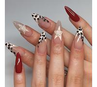 Elegant Leopard French Tip 3D Star Press on Nails - 24PCS Short Almond Full Cover Stick on False Nails Coffin Stiletto Handmade Art for Women Girls Autumn Christmas Party Wear