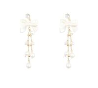 Elegant Long Bow Pearl Tassel Earrings | Iridescent Bow & Layered Pearl Chain Dangle Earrings for Bridal, Date Night