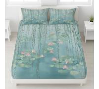 Elegant Lotus Fitted Sheet Super King Size, Tranquil Botanical Weeping Willow Bedding Set 30 cm Deep 3pcs with 2 Pillowcases for Kids Teens, Soft Microfiber Bed Cover 180 x 200 cm
