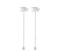 Elegant Lotus Flower Threader Dangle Drop Earrings, Silver Tone Slim Chain Ball Tassel Dainty Ear Ornaments, Minimalist Chinese Style Jewelry for Women Daily Banquet Dating Outfit