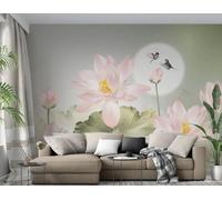 Elegant Lotus Leaves Lotus Flowers Moon Flying Birds 3D Wallpaper Luxury Silk Study Dining Feature Sofa Grey Bedroom Living Room Tv Decorative Wall-150cm×105cm