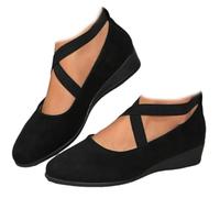 Elegant Low Wedge Shoes with Elastic Strap Solid Color Suede Leather Ballet Flats with Closed Orthopaedic Footbed Support for Women, Comfortable Women's Slip-on Shoes, Black, 6 UK